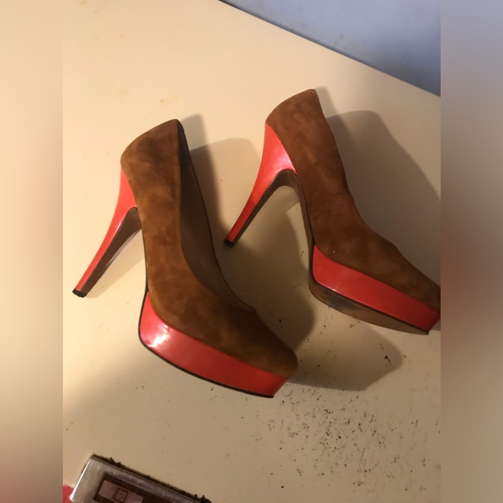 Enzo Angiolini Easmiles Brown Suede Coral Red Platform Stiletto 5” Heels 9.5M